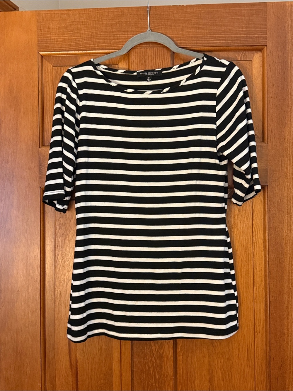 Green Envelope Black and White Striped Short Sleeve Tee